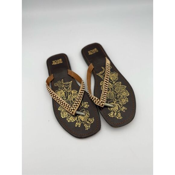 José Womens Beaded Brown Orange Leather Thong-Strap Flat Sandals Size 39 - Picture 1 of 5